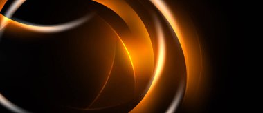 Soyut tasarım turuncu kıvrımlar içerir, koyu arkaplanda parlayan çizgiler. Dinamik bileşim modern görsel etki yaratır.