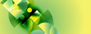 Soyut geometrik şekiller örtüşüyor, canlı yeşil, sarı renkler yaratıyor. Tasarım hareketi, enerjiyi, modern estetiği öneriyor..