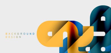 Soyut şekiller örtüşür, dinamik bileşim yaratır. Altın, mavi renkler nötr arkaplana hakim. Modern tasarım ögesi.