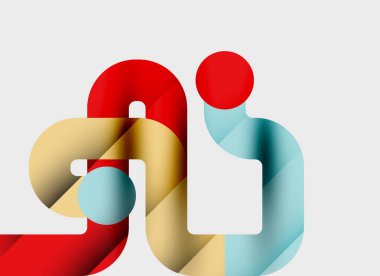 Soyut şekiller örtüşür, dinamik bileşim yaratır. Kırmızı, mavi, bej renkler tarafsız arkaplanda baskın gelir. Modern tasarım elemanları.