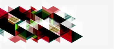 Soyut geometrik şekiller örtüşür, dinamik görsel doku oluşturur. Kırmızı, siyah, yeşil renkler beyaz arkaplana hakim. Modern tasarım ögesi.