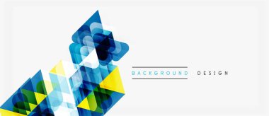 Soyut geometrik şekiller örtüşüyor, canlı renk eğimleri yaratıyor. Modern tasarım elementleri teknoloji, yenilik, dinamizm öneriyor. Temiz estetik.