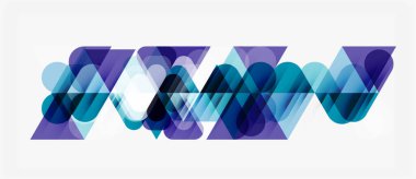 Soyut geometrik desen. Üst üste binen şekiller dinamik görsel akış yaratır. Mavi, mor renkler kompozisyona hakim. Modern tasarım ögesi.