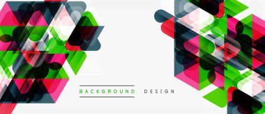 Soyut geometrik şekiller, canlı renkler, modern tasarım. Üst üste binen çokgenler dinamik görsel efekt yaratır. Beyaz boşluk bileşimi dengeler.