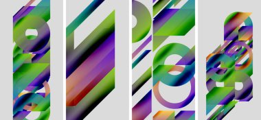 Soyut geometrik bileşim. Dört panel canlı gradyanlar gösteriyor, şekiller örtüşüyor ve dinamik görsel efektler yaratıyor. Modern tasarım.