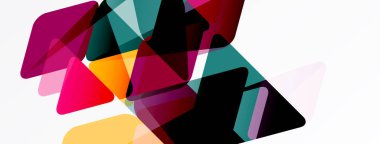 Soyut geometrik şekiller örtüşür, canlı renk karışımları yaratır. Kompozisyon üçgenler, şeffaflık, modern tasarım elementleri içerir.