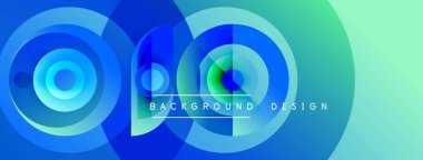 Soyut daireler örtüşüyor, parlak mavi, yeşil gradyanlar yaratıyor. Metin, kompozisyon içerisindeki arkaplan tasarımını okur. Modern, temiz estetik.