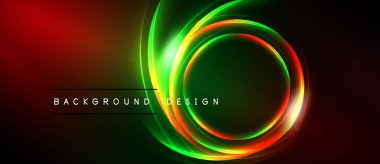 Parlak neon halkalar koyu arkaplanla örtüşüyor. Canlı kırmızı, yeşil, turuncu renkler dinamik görsel efekt yaratır. Metin arkaplan tasarımı okur.