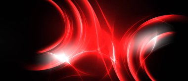 Soyut kırmızı çizgiler, kıvrımlar, parlak ışık kaynağı. Karanlık arka plan dramatik görsel efektler yaratır. Modern tasarım ögesi.