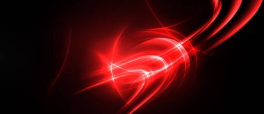 Parlak kırmızı enerji akıyor, kıvrımlar, girdaplar. Dinamik soyut tasarım ve koyu arkaplana karşı yoğun ışık. Canlı, modern sunum.