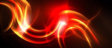 Parlak kırmızı enerji akar, kıvrımlar dinamik soyut tasarım yaratır. Parlak ışık merkezi noktadan yayılır, koyu arkaplan parlaklığı artırır.
