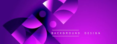 Soyut mor tasarım, üst üste binen geometrik şekiller, gradyanlar, düz eğriler. Dijital projeler için modern arkaplan ideal.