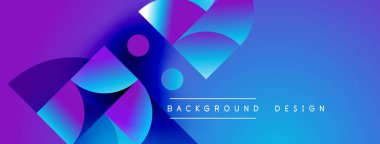 Soyut, enerjik şekiller çakışıyor ve dinamik bir değişim etkisi yaratıyor. Mor, mavi renkler tasarıma egemen, modern estetik.