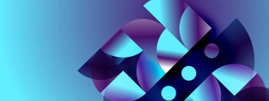 Üst üste binen daireler, dikdörtgenler, canlı mavi, mor renkler içeren soyut bir kompozisyon. Modern tasarım, dinamik şekiller görsel ilgi yaratıyor.