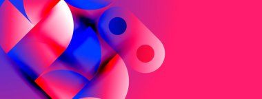 Soyut şekiller canlı pembeler, maviler harmanlıyor. Akışkan formlar mora karşı dinamik bileşim oluşturur. Modern tasarım.