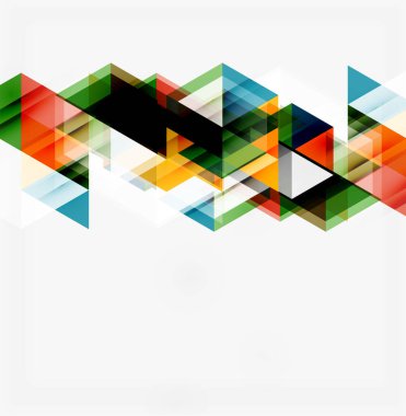 Soyut geometrik tasarım. Üst üste binen üçgenler dinamik desen, canlı renkler ve modern estetik yaratır. Temiz arkaplan karşıtlık sağlar.