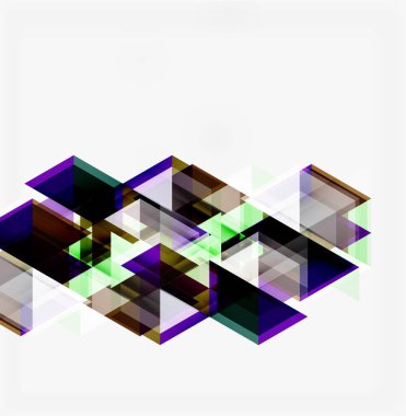 Soyut geometrik bileşim. Üst üste binen kareler, dikdörtgenler dinamik görsel efekt yaratır. Tasarıma yeşil, mor, siyah renkler hakim..