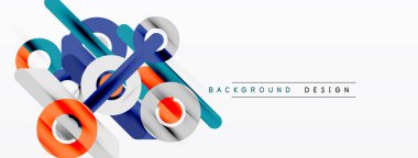 Soyut geometrik şekiller örtüşür, dinamik görsel efekt yaratır. Mavi, turuncu, gümüş renkler beyaz arkaplana hükmediyor. Modern tasarım ögesi.