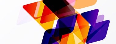 Soyut şekiller örtüşür, canlı renk karışımları yaratır. Turuncu, mor, kırmızı beyaz arka plana hakim. Modern tasarım elemanları.