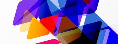 Soyut şekiller örtüşür, canlı renk karışımları yaratır. Mavi, mor, kırmızı baskın kompozisyon. Modern tasarım, dinamik enerji.