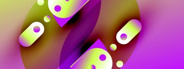 Canlı mor, sarı renklerin yer aldığı soyut bir kompozisyon. Şekiller örtüşür ve dinamik görsel efekt yaratır. Düzen eğimleri tasarıma hakim..