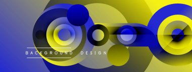 Soyut tasarım özellikleri üst üste binen daireler, gradyanlar. Mavi, sarı renkler kompozisyona hakim. Modern estetik, basit metin elementleri.