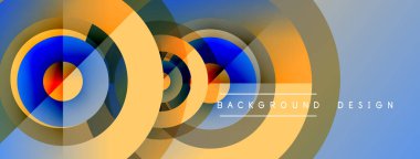 Soyut daireler örtüşüyor, canlı renk eğimleri yaratıyor. Mavi, turuncu, sarı renkler tasarımda baskın. Modern estetik, temiz çizgiler sunar.