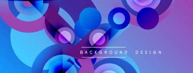 Soyut canlı tasarım, üst üste binen daireler, gradyanlar. Mor, mavi renkler kompozisyona hakim. Modern estetik, dinamik görsel etki.