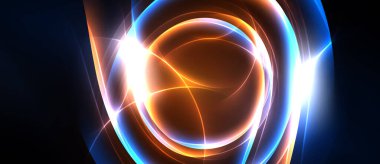 Soyut ışık kompozisyonu. Eşmerkezli daireler enerji yayar, turuncu, mavi ve beyaz renkleri harmanlarlar. Koyu arkaplan parlayan biçimlere vurgu yapar.