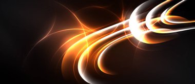 Soyut enerji akışları, canlı turuncu renkler, dinamik eğriler. Koyu arkaplan parlak ışık izlerini vurgular, modern görsel etki yaratır.