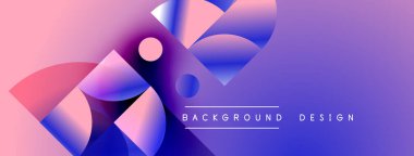 Soyut geometrik şekiller pembe ve mor renkleri harmanlarlar. Modern tasarım üst üste binen formlar, gradyanlar, metin elementleri. Minimalist estetik.