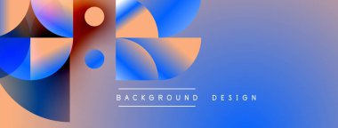 Soyut şekiller örtüşüyor, canlı renk değişimleri yaratıyor. Mavi, turuncu renkler dizaynın baskın rengidir. Altında da yazı vardır. Modern estetik.