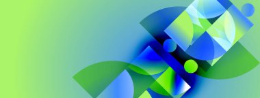 Soyut geometrik şekiller örtüşür, parlak mavi, yeşil eğimler yaratır. Modern tasarım teknoloji, yenilik ve enerji öneriyor.