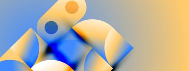 Soyut şekiller örtüşüyor, parlak mavi, turuncu gradyanlar yaratıyor. Yumuşak ışıklandırma derinliği, modern tasarım estetiği önerir..