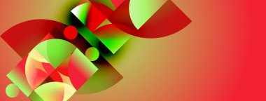 Soyut geometrik şekiller örtüşüyor, canlı renk eğimleri yaratıyor. Kırmızı, yeşil, sarı sıcak arka plana hakim. Modern tasarım.