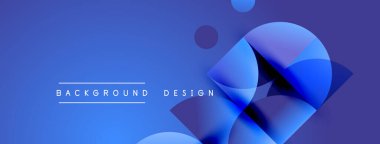 Soyut mavi tasarım, üst üste binen daireler, kareler. Gradyan gölgeler derinlik yaratır, modern estetik. Metin arkaplan tasarımı okur.