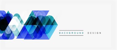 Soyut geometrik şekiller örtüşerek dinamik mavi gradyan bileşimi oluşturur. Beyaz uzayı olan minimalist tasarım. Modern görsel element.