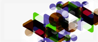 Soyut geometrik şekiller çakışıyor ve renkli görsel doku oluşturuyor. Çemberler, kareler, dikdörtgenler modern tasarım ile harmanlanır.