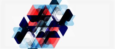 Soyut geometrik şekiller örtüşür, karmaşık desenler yaratır. Kırmızı, mavi, gri tonlar kompozisyona hakim. Minimalist tasarım, modern estetik.