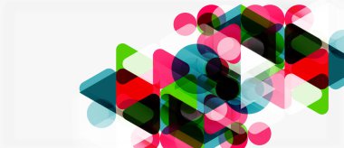 Soyut geometrik şekiller örtüşüyor, canlı renk kalıpları yaratıyor. Çemberler, kareler, üçgenler modern tasarım ile harmanlanır..