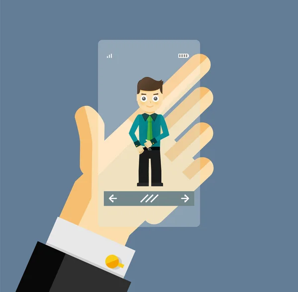 仮想アシスタント - スマート フォン画面の透明人間の手を保持している実業家 — ストックベクタ