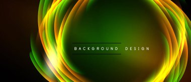 Soyut canlı katmanlar parlayan oval şekiller yaratır. Koyu arkaplan parlak renkleri, modern tasarım ögesini vurgular.