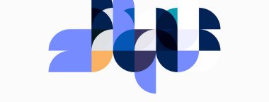 Soyut şekiller örtüşür, dinamik bileşim yaratır. Maviler baskın, turuncu aksanlı. Minimalist tasarım modern estetiği çağrıştırıyor.