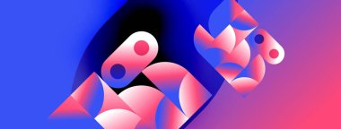 Soyut geometrik şekiller, parlak mavi, pembe gradyanlar. Modern tasarım, dinamik kompozisyon, dijital çizim. Düz eğriler, üst üste binen biçimler derinlik oluşturur.