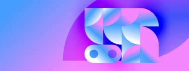 Soyut geometrik şekiller canlı mavileri, morları ve pembeleri harmanlarlar. Modern tasarım akıcılığı, yeniliği, dijital estetiği çağrıştırıyor.