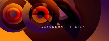 Soyut dinamik kompozisyon. Üst üste binen daireler canlı gradyanlar yaratıyor, turuncu, mor renkler. Arka planlar için modern tasarım ögesi.