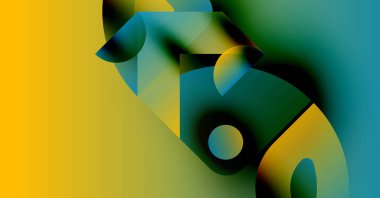 Canlı renkler, geometrik şekiller, bulanık kenarlar içeren soyut bileşim. Sarı, yeşil ve koyu renkler arasındaki dinamik etkileşim görsel ilgi yaratıyor..