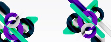 Soyut geometrik şekiller örtüşür, dinamik görsel kompozisyon yaratır. Beyaz arka planda parlak renkler karşıtlığı. Modern tasarım elemanları.