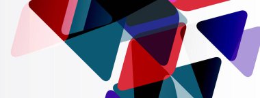 Soyut geometrik şekiller çakışıyor. Kırmızı, mavi, deniz mavisi renkleri beyaz arkaplana hükmediyor. Modern tasarım elemanları.