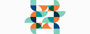 Soyut geometrik desen. Üst üste binen yarım daireler karmaşık görsel doku oluşturur. Renkler arasında deniz mavisi, turuncu, deniz mavisi ve beyaz arka plan yer alıyor.